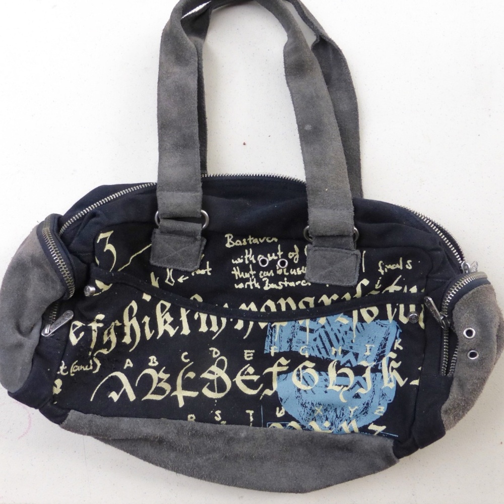 Black Canvas Gray Suede Graffiti Duffle Bag